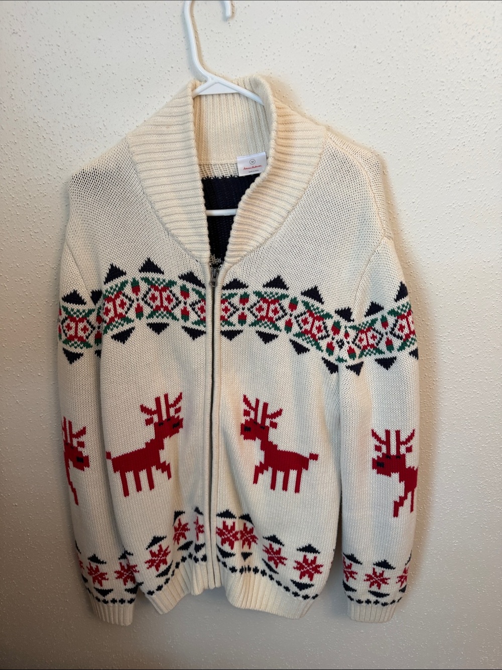 Hanna Andersson Cream Zip-Up Sweater with Red Reindeer and Green Accents